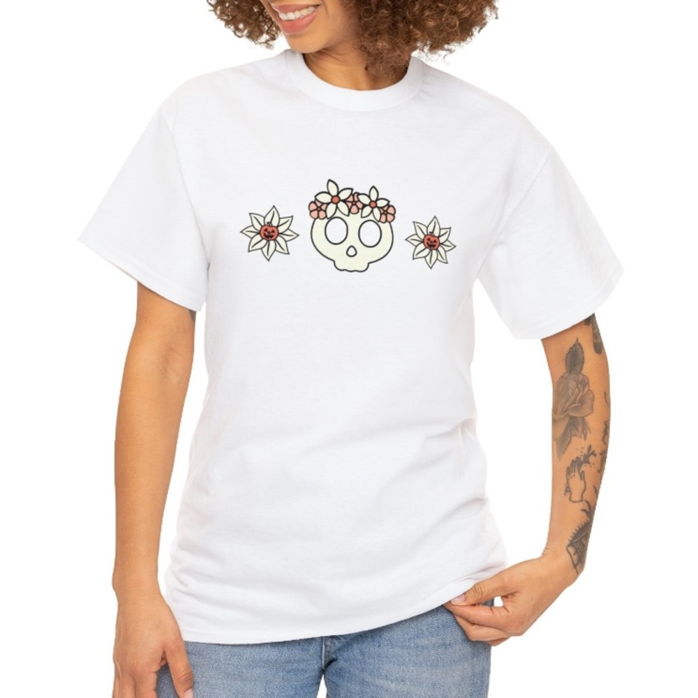 Skull with Flower Crown and Flower Pumpkins Halloween White Short Sleeve T Shirt